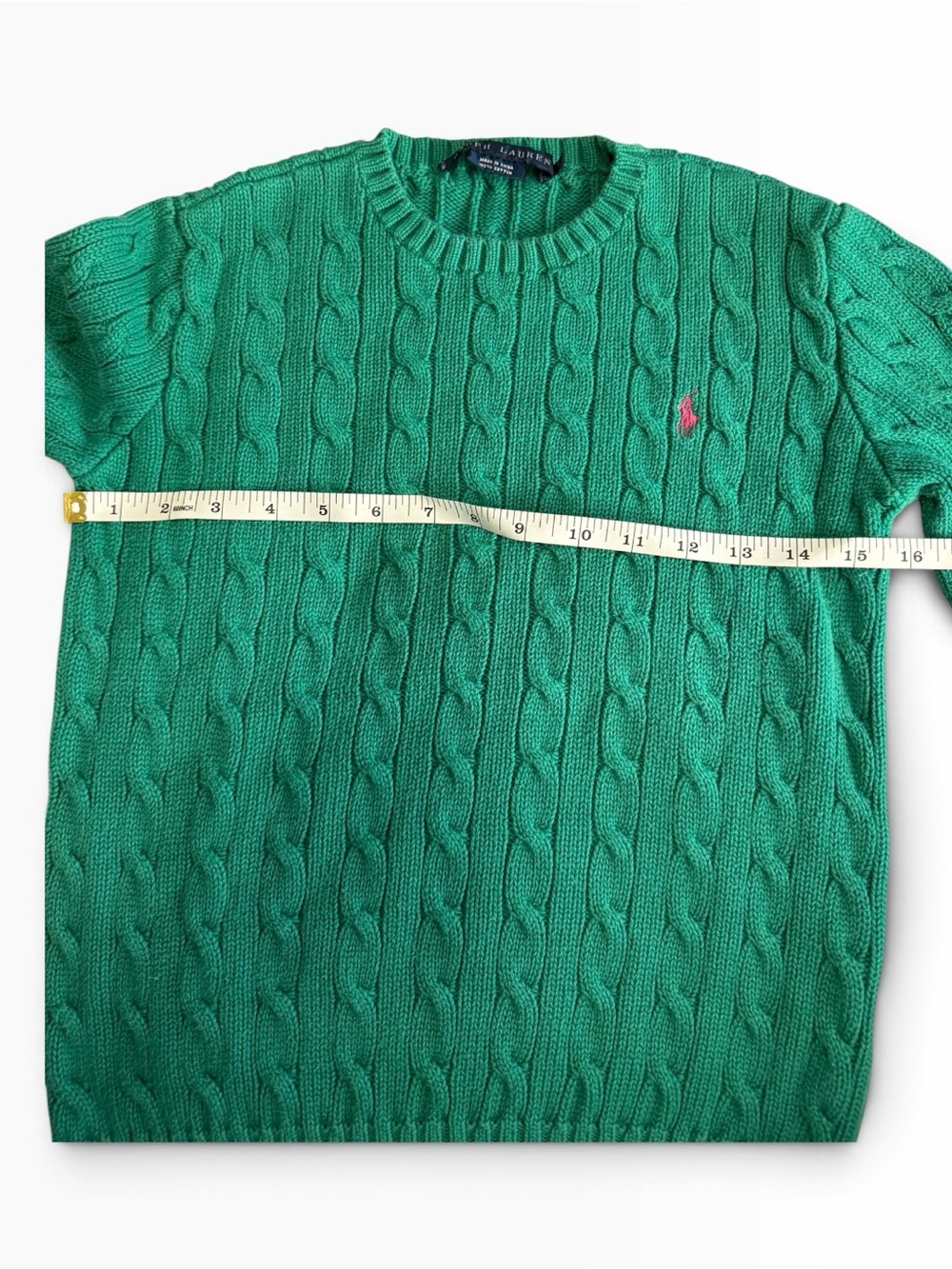 Ralph Lauren Cable Knit Sweater Green Pink Pony – Size Small - Picture 5 of 6